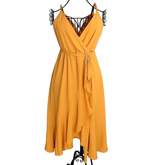 Lulus Manhattan Moment Yellow Ruffled Midi Wrap Dress | Size Small - Picture 2 of 5